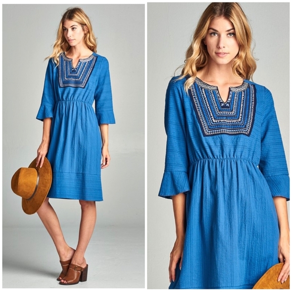 Feminine Boho Chic Blue 3/4 Sleeves Dress - Picture 4 of 4